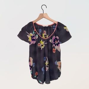 Rebecca Taylor Sz 0 Grey Floral 100% Silk Short Sleeve